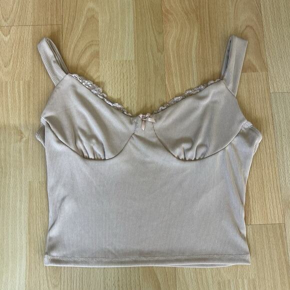 Y2K Beige Ribbed Bustier Crop Lace Trim Y2K Fairy Core Size Women Large - Picture 6 of 6